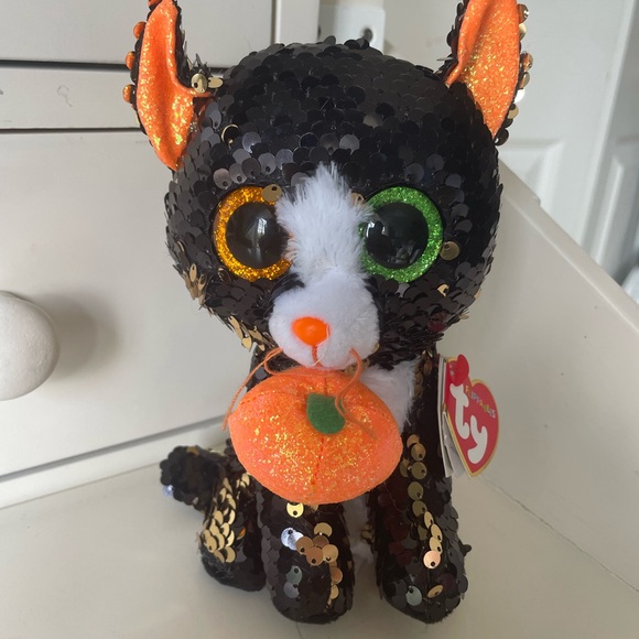 TY Flippables Sequin Plush - JINX the Black Cat with Pumpkin (6 inch) - MWMTs - Picture 1 of 8